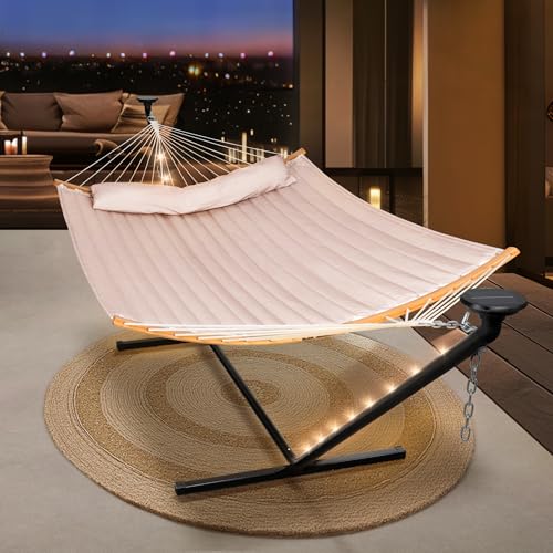 Image of SUNCREAT Hammocks Outdoor 2 Person Hammock with Solar Powered Lights, Tan