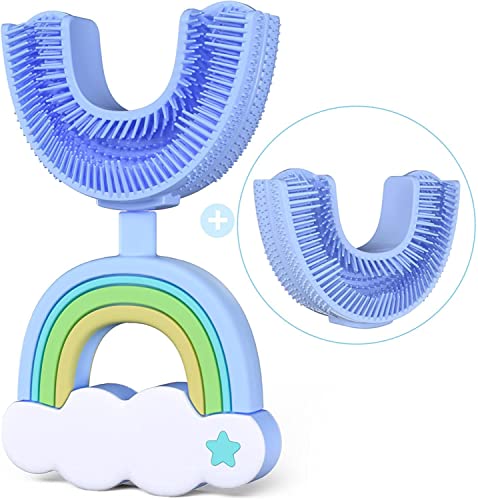 Funthy U字型子供用歯ブラシ 手動トレーニング歯ブラシ 食品グレードのソフトシリコン歯ブラシ付き 360°口腔歯クリーニングデザイン 子供 乳幼児用 ブルー||7-14歳