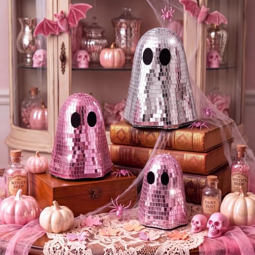 Simgoing 3 Pcs Summer Halloween Disco Ghost Decor 6 5 4halloween Ornament Silver Mirror Disco Skeleton Glitter Spooky Ghost Tiered Tray Table Decor for Props Home Tabletop Party(Pink)