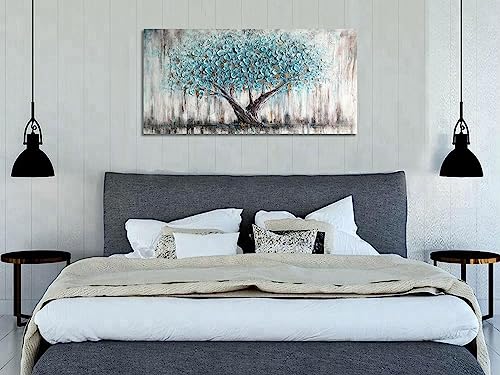 Arjun Blue Tree Wall Art Nature Tree Of Life Abstract Canvas Summer Painting Textured Picture Modern Panoramic Landscape Artwork Framed For Living Room Bedroom Bathroom Office Home Decor Large 40"X20" #TOP2