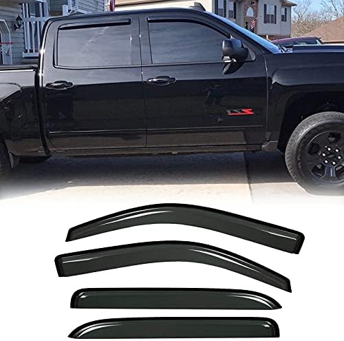 Puermto Side Window Wind Deflector, 4pcs Out-Channel Tape-On Rain Guards Set,Window Visor fits 2014-2018 Chevrolet Silverado/GMC Sierra 1500 Crew Cab and 2015-2018 2500HD-3500HD Crew Cab 94536