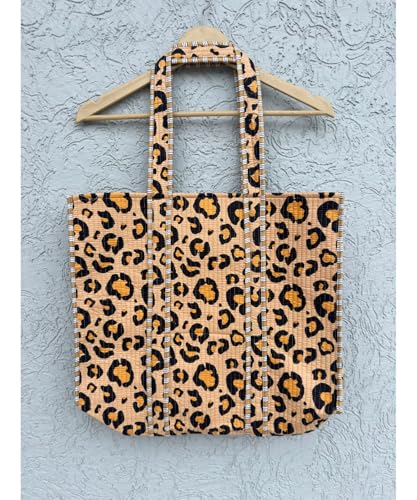 Image of Quilted Cotton Handprinted Reversible Large multicolor Floral Tote Bag,Hand Block Print Shopping Shoulder Carry Bag