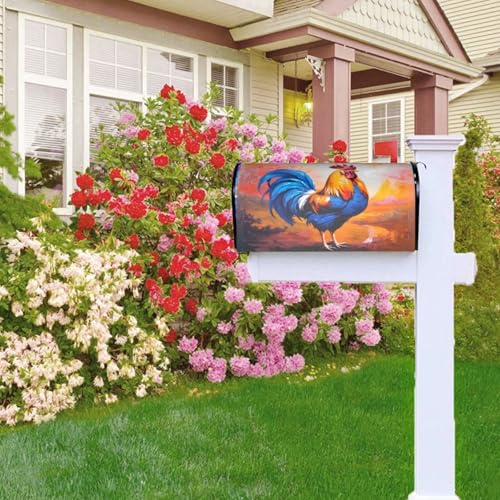Image of Blue Farm Rooster Oil Painting Mailbox Cover Magnetic Waterproof Mailbox Wraps Post Letter Box Decor 21x18 in