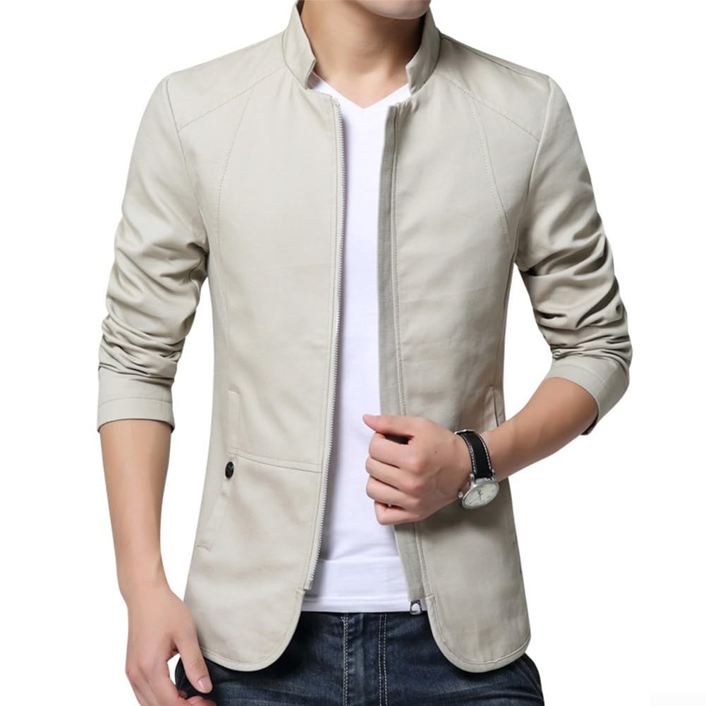 Veste à col pour homme avec fermeture éclair - Coupe ajustée - Style décontracté - Taille L - Beige