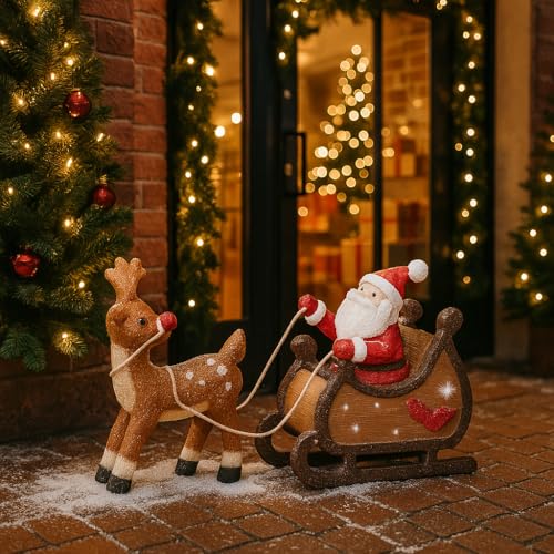 Addobbo Natalizio Babbo Natale con Slitta e Renna Luminosi da Esterno con 90 LED, Decorazione a Luce Fissa per Giardino o Ingresso 82cm - Varzi dal 1956