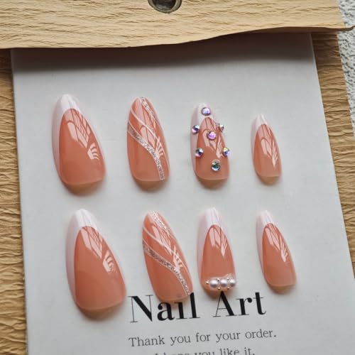 Image of White French Tip Press on Nails Silver Wave Glue on Nails with Rhinestone Design Nude Acrylic Fake Nails Glossy Artificial Nail Medium Almond Shape False Nails for Women Girls Manicure 24Pcs