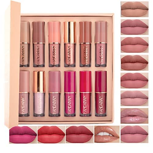 12 Pintalabios Líquido Permanente，Labiales Mate Larga Duracion，Rosa Nude Brillo de Labios para...