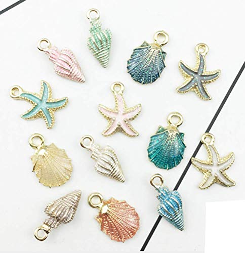 ASKJ 13pcs Assorted Gold Plated Enamel Ocean Starfish Conch Shell Charm Pendant for DIY Jewelry Making