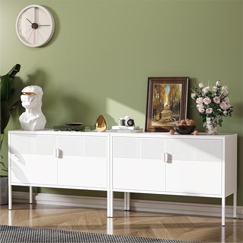 Image of COFaR TV Stand for TVs up to 75 Inch, 40''L Media Console with Ventilation Doors, Metal Entertainment Center with Adjustable Shelves & 120Lbs Storage for Living Room & Bedroom, White