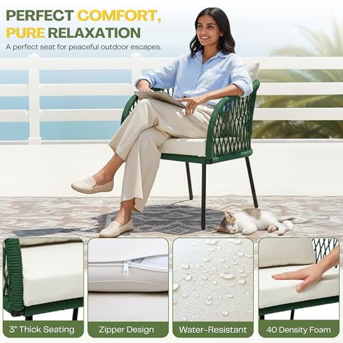 Image of DEVOKO Verde Outdoor Rope 4-Seater Sofa Set with Glass Top Table & Water-Repellent Cushions, Durable Metal Frame, Handwoven Furniture Perfect for Garden, Patio, Pool Deck & Balcony(Green & Off-White)