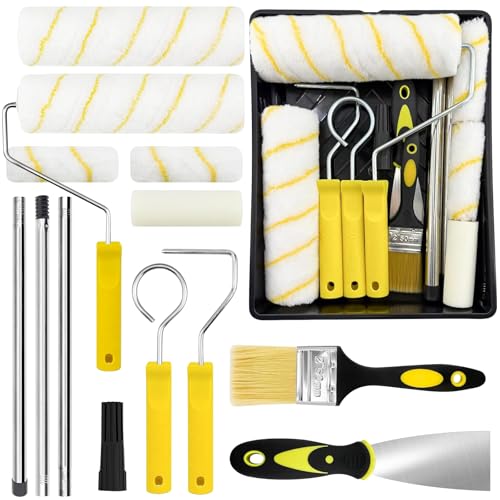 Juego de 18 rodillos de pintura con barra telescópica de 1,2 m – 23 cm + 11 cm rodillos de pintura, pincel, raspador y bandeja de pintura – Rodillo de pintura para pared y techo