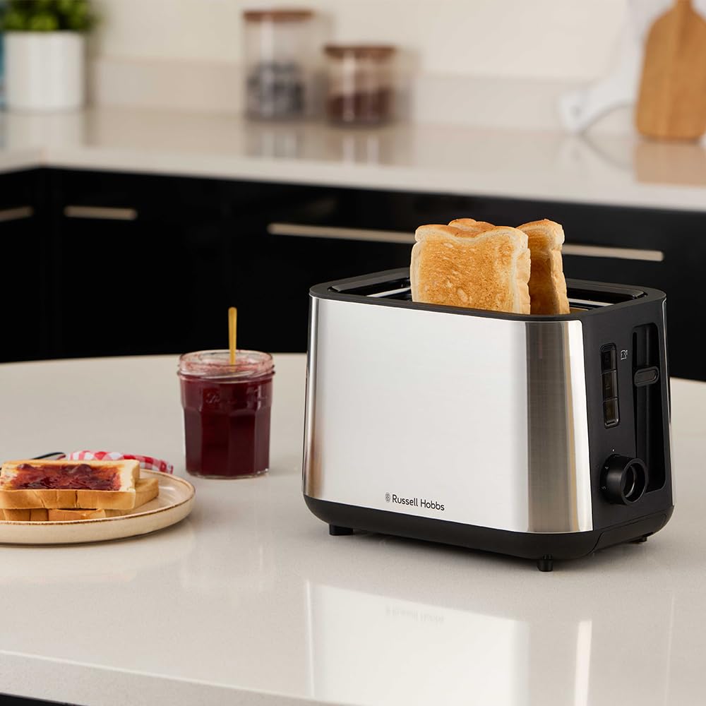 Russell Hobbs Grille-pain 2 fentes XL (6 niveaux de brunissage, surélévation, dégivrage, réchauffe-viennoiseries, arrêt auto., ramasse-miettes amovible, surface en acier inox. brossé) Heaton 27390-56