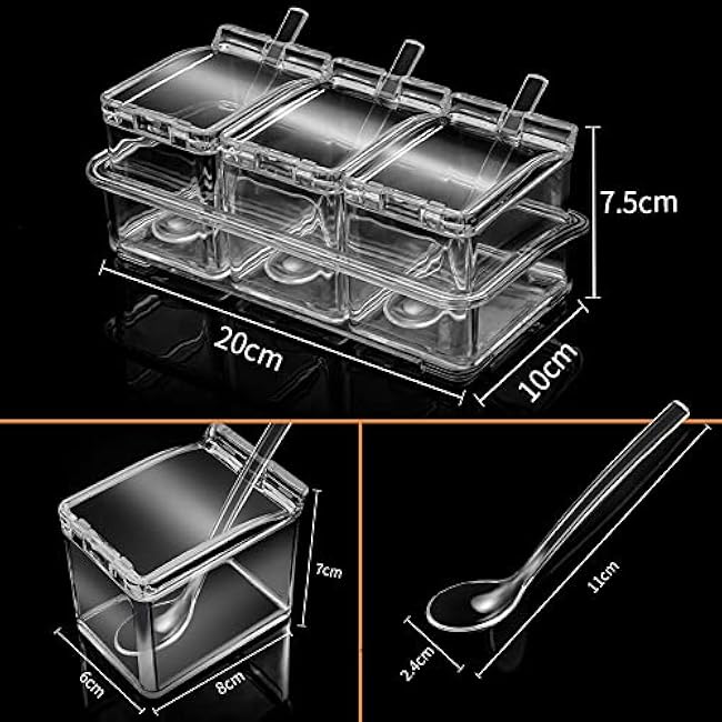 V¡¤RESOURCING Clear Seasoning Box, 3 Pieces Seasoning Rack Spice Pots Storage Container for Spice Salt Sugar Cruet Liquid,Condiment Jars with 3 Spoons