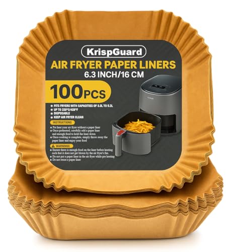 KrispGuard High-Quality Disposable Air Fryer Paper Liners Fits Large 3.8L/4QT Tray 100pcs for Baking Roasting and Microwave Enhance Cooking Efficiency with Waterproof/Greaseproof Air Fryer Liners