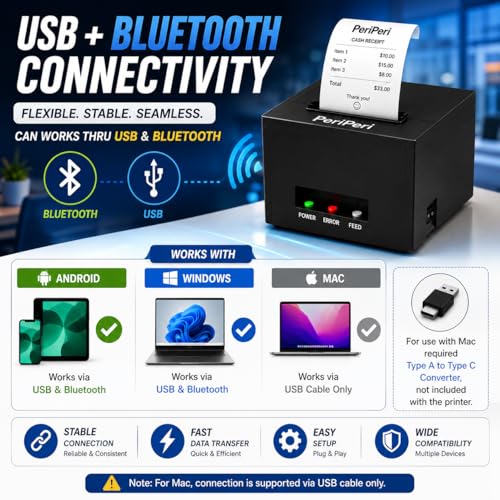 Image of PeriPeri 80mm USB+Bluetooth Thermal Receipt Printer 290mm /s High Speed Printing, Inkless POS Billing Printer with Auto Cutter & Beeper, for Android, Windows & Mac 3inch Receipt Printer 1 Year Warranty