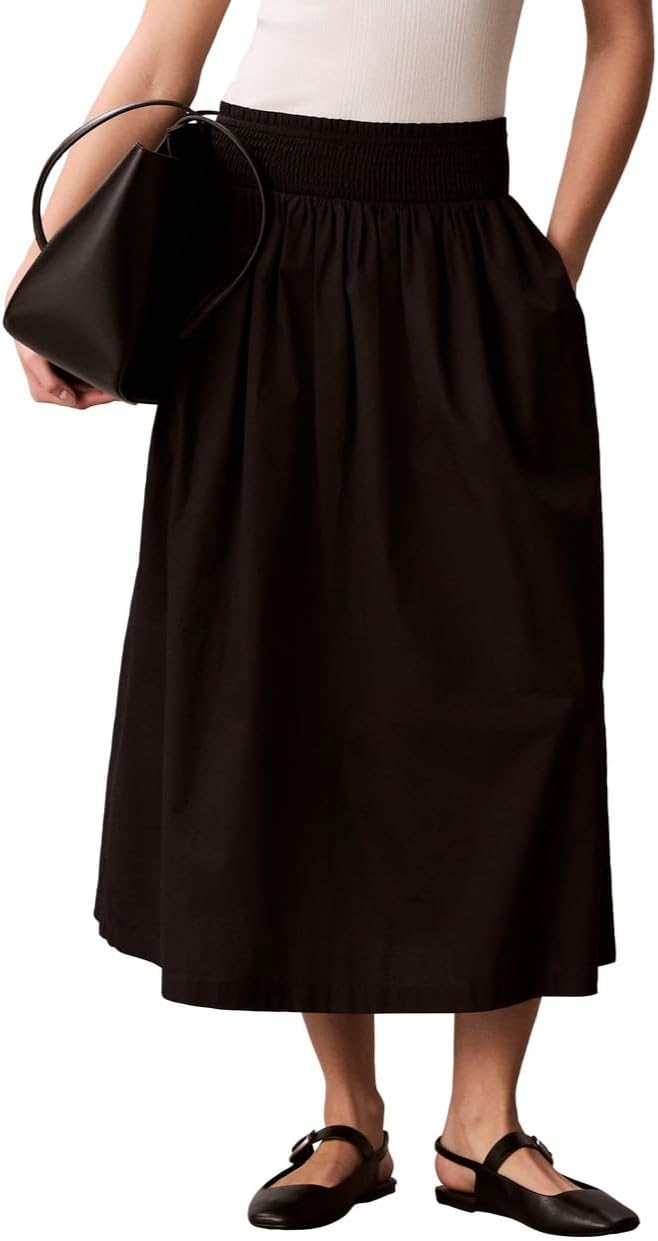 Calvin Klein Womens Cotton Poplin Smocked Waist Midi Skirt