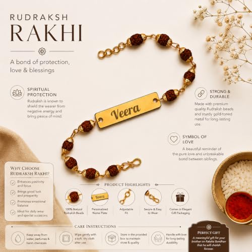Image of Thebaegift Personalized Rudraksh Rakhi With Name | With Name Customization | Rakhi Combo For Brothers | Best Raksha Bandhan Gift | Name Rakhi For Bhaiyya
