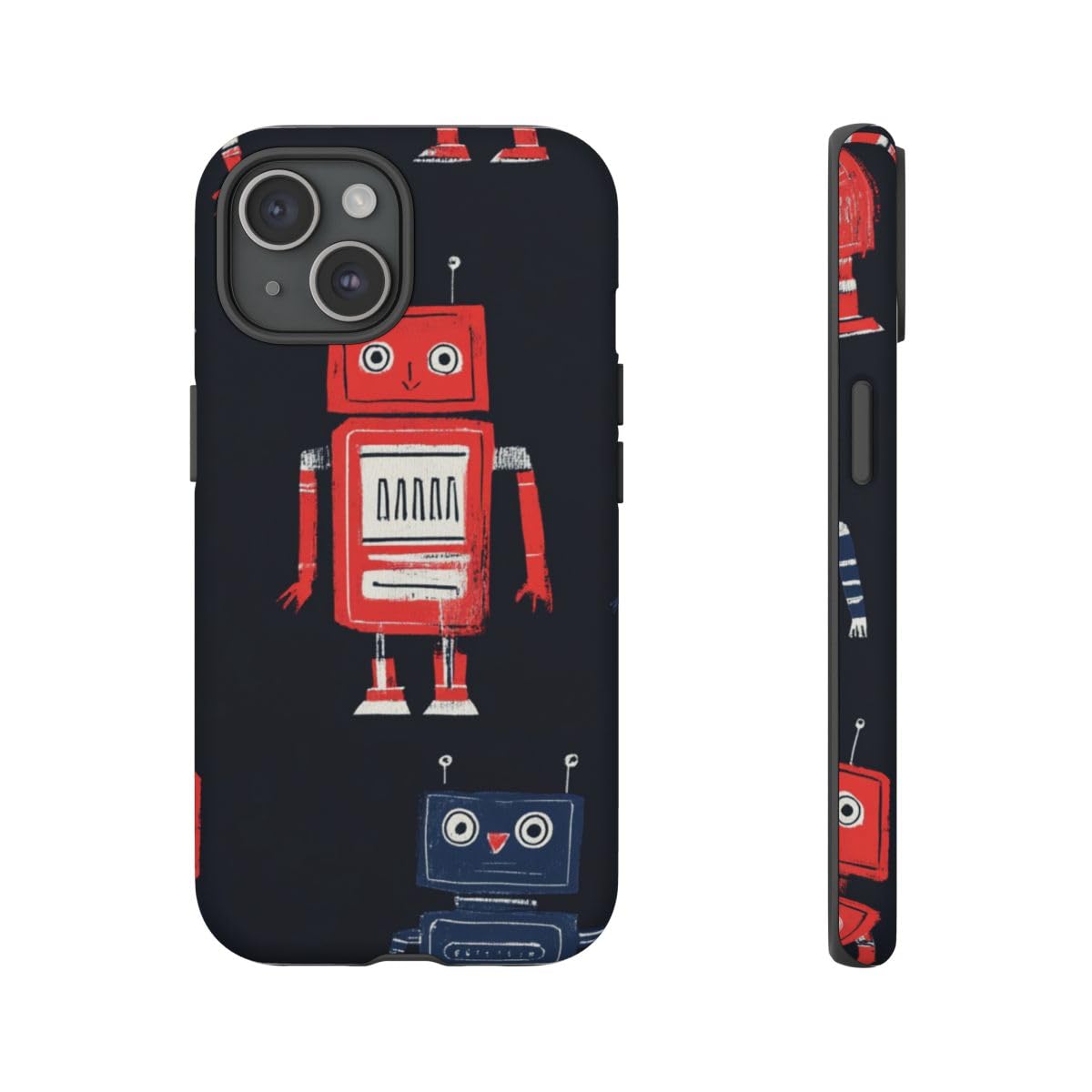 Coque iPhone 15 rigide mate au motif robot rétro rouge et bleu