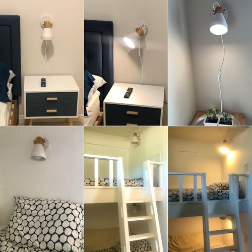 Image of Modern Plug-in Wall Sconces, Matte White | Adjustable Reading Light, Natural Wood Accent, For Bedroom, Living Room, Home Office