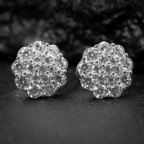 Flower Cluster White Gold Plated 925 Sterling Silver Large Men’s Women's Iced CZ Round Honey Comb Set Hypoallergenic Circle Hip Hop Trendy Fashion Big Cubic Zirconia Stud Screw Back Earrings2