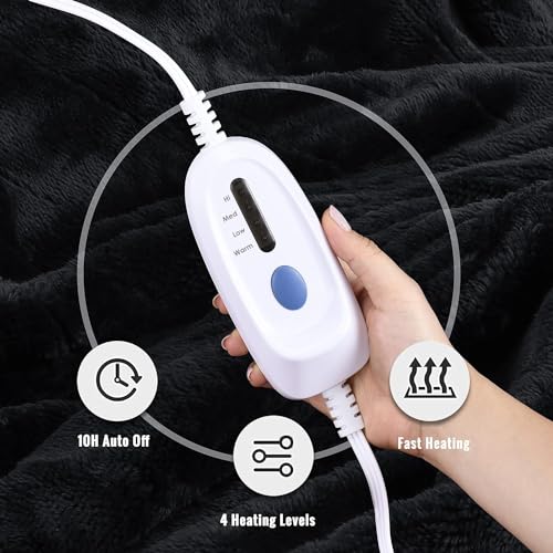 McJaw Electric Heated Blanket Full Size - 72\" x 84\", 10 Hours Auto Off and 4 Heating Levels, Fast Heating, Machine Washable, ETL Certification, Black
