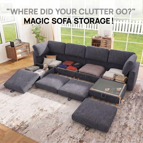 Image of 99 inch Modular Sectional Sleeper Sofa, 6 Seaters Chenille Modular Sectional Sofas, Sleeper Sofa Bed with Storage & Ottoman, Sleeper Couch with Removable Covers, Grey Sectional Couches for Living Room