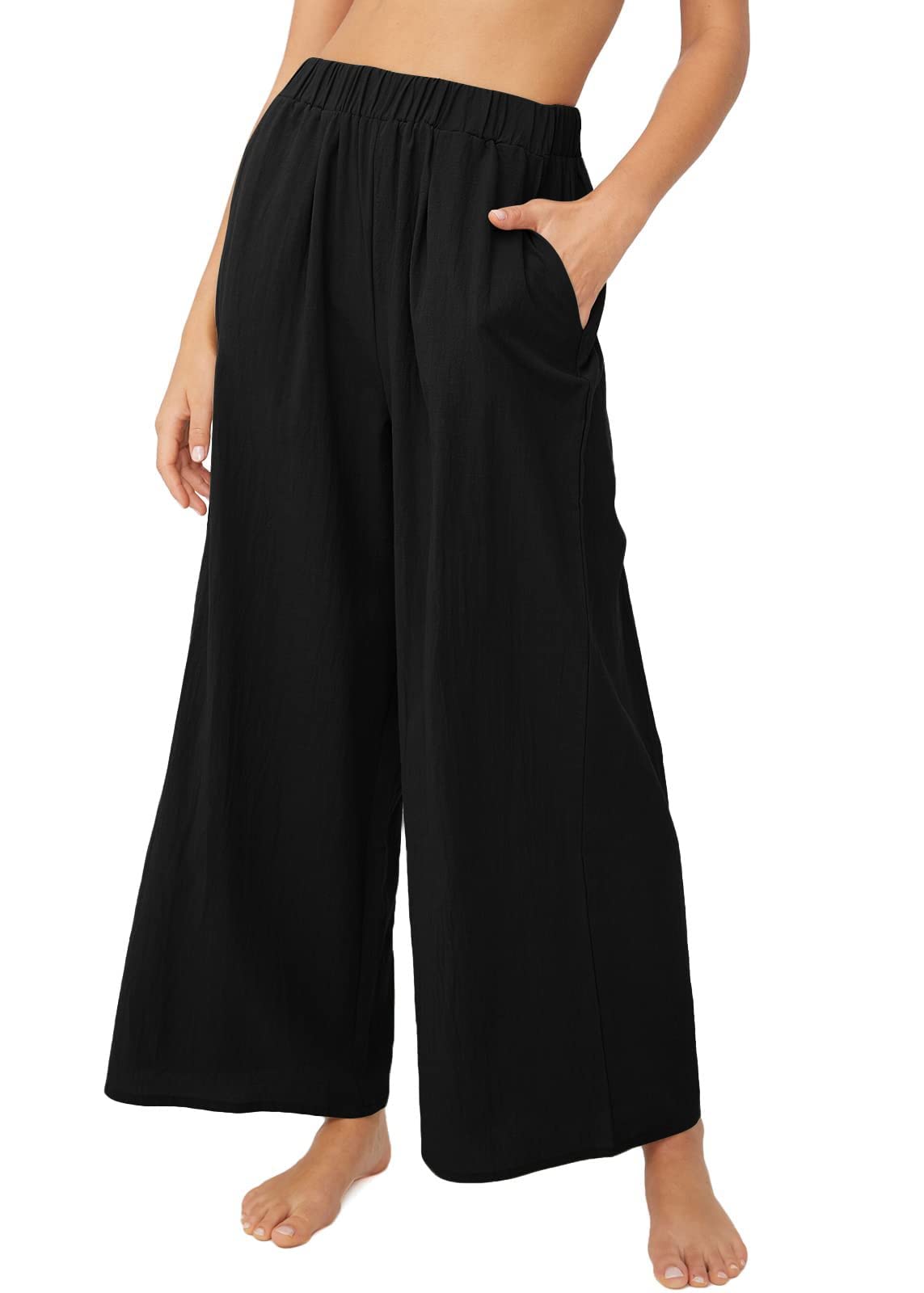 ebossy Womens Elastic High Waist Cotton and Linen Loose Fit Wide Leg Pants with Pockets