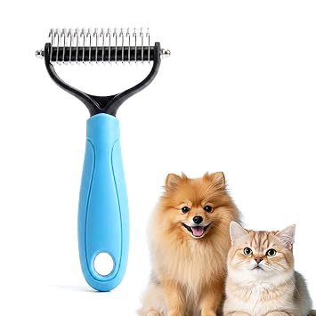 Pet Pro Grooming Tool, Dematting Comb for Dogs and Cats, Undercoat Rake Pet Brush for Long Hair, Deshedding Dog Brush Removes Tangles Knots and Loose Fur Blue-L