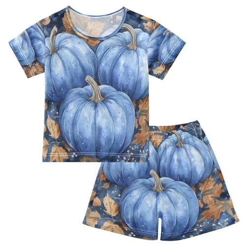Pajama Sets Short Sleeve Blue Pumpkins with Autumn Leaves Soft Cotton Summer Sleepwear 2 Piece PJS Size 5-14T
