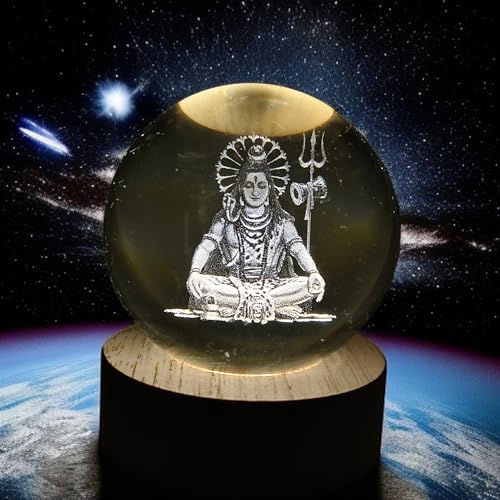 Image of ANTORCHE Shiva 3D Crystal Ball Warm LED Night Lamp with Wooden Base | Spiritual Home Decor Light | Ideal Gift for Office, Pooja Room, Bedroom & Festivals