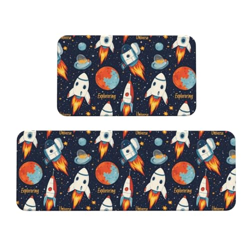 GVYGVY Antifatigue Kitchen Mats for Floor 2 Piece - Cartoon Space 1 Print Kitchen Rugs Washable, Non Slip Runner Rug Standing Mat for Office/Bathroom/Laundry/Home Decor and Accessories