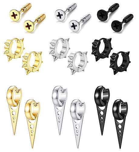 Kakonia 9 Paare Edelstahl Punk Studs Spike Ohrringe für Männer Frauen Schrauben Hoop Dreieck Ohrringe Gothic Gold Silber Schwarz Schmuck Set Cover
