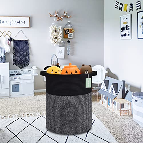 Image of Cotton Rope Blanket Basket, 72L Tall Laundry Hamper, Black & Gray | 16 inchx 22 inch, Large Collapsible Woven Nursery Hamper with Sturdy Handles for Clothes Toys Towels, Bedroom Living Room Bathroom