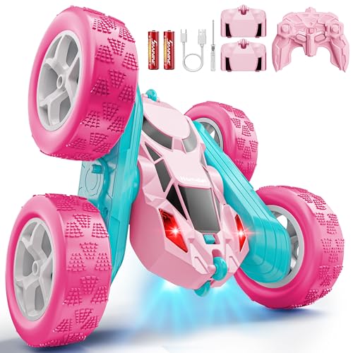 Image of Hamdol Pink RC Car for Girls Age 6+, 360 Rotating Stunt Remote Control Vehicle with LED Lights, Upgraded 4WD USB-C Rechargeable Electric Toy, Perfect Birthday, Holiday