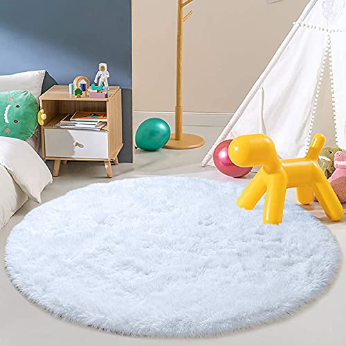 Tenekee Round Rugs for Bedrooms Fluffy Living Room Circle Area Rug Soft Shaggy Carpet for Kids Room Floor Mat (White, 80cm)