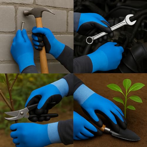 Image of Premium Nitrile Coated Work Gloves - Industrial Grip, Cut & Abrasion Resistant - Flexible & Durable Safety Gloves for Construction, Warehouse, Automotive, Cleaning (Blue, 1 Pair)