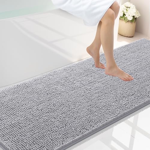 Smiry Luxury Chenille Bathroom Rugs 70x24, Extra Soft and Absorbent Shaggy Bath Mat, Machine Washable, Non-Slip Plush Carpet Runner for Tub, Shower, and Floor, Home Decor Accessories, Light Grey