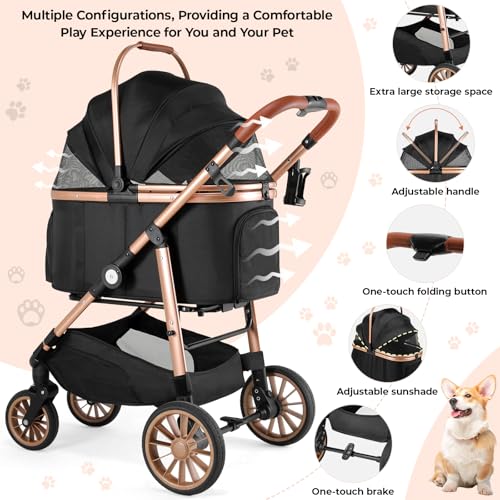 MAMIZO 4 in 1 Hundewagen, Hundebuggy bis 25kg, 4 PCS Gummiräder mit Stoßdämpfung, Faltbar Hund Kinderwagen, Hunde Buggy, Hundebuggy Hunde, Hundebuggy Geländegängig, Katzenwagen (Schwarz)