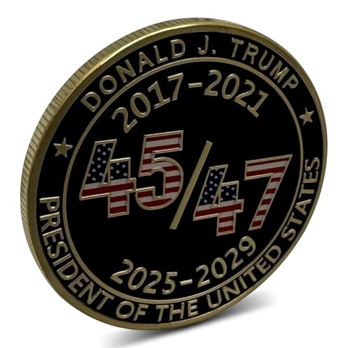 Image of President Donald Trump 45 47 2025 24kt Gold Challenge Coin, Trump Coin Collectors Souvenir, 45 & 47 with Red White & Blue Flag Plus 24kt Gold Plating, Large Size 45mm x 3mm Oval Office