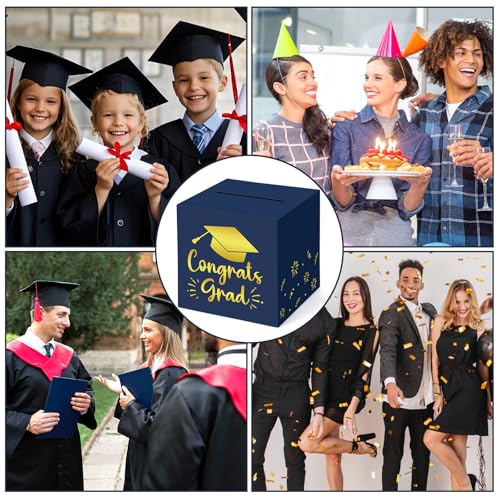 Image of Hooqict Graduation Card Box with Slot 9.1 inch Congrats Grad Blue Gold Money Card Box for Class of 2026 Graduation Decorations Money Envelope Gifts Cards Holder Grad Party Supplies