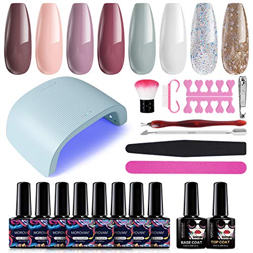 Morovan 8 Colors Gel Nail Polish Kit with 48W UV LED Light Nail Lamp Pink White Blue Purple Colors For Women With Base and Top Coat Full DIY Professional Gel Manicure Nail Tools for Home and Salon Use