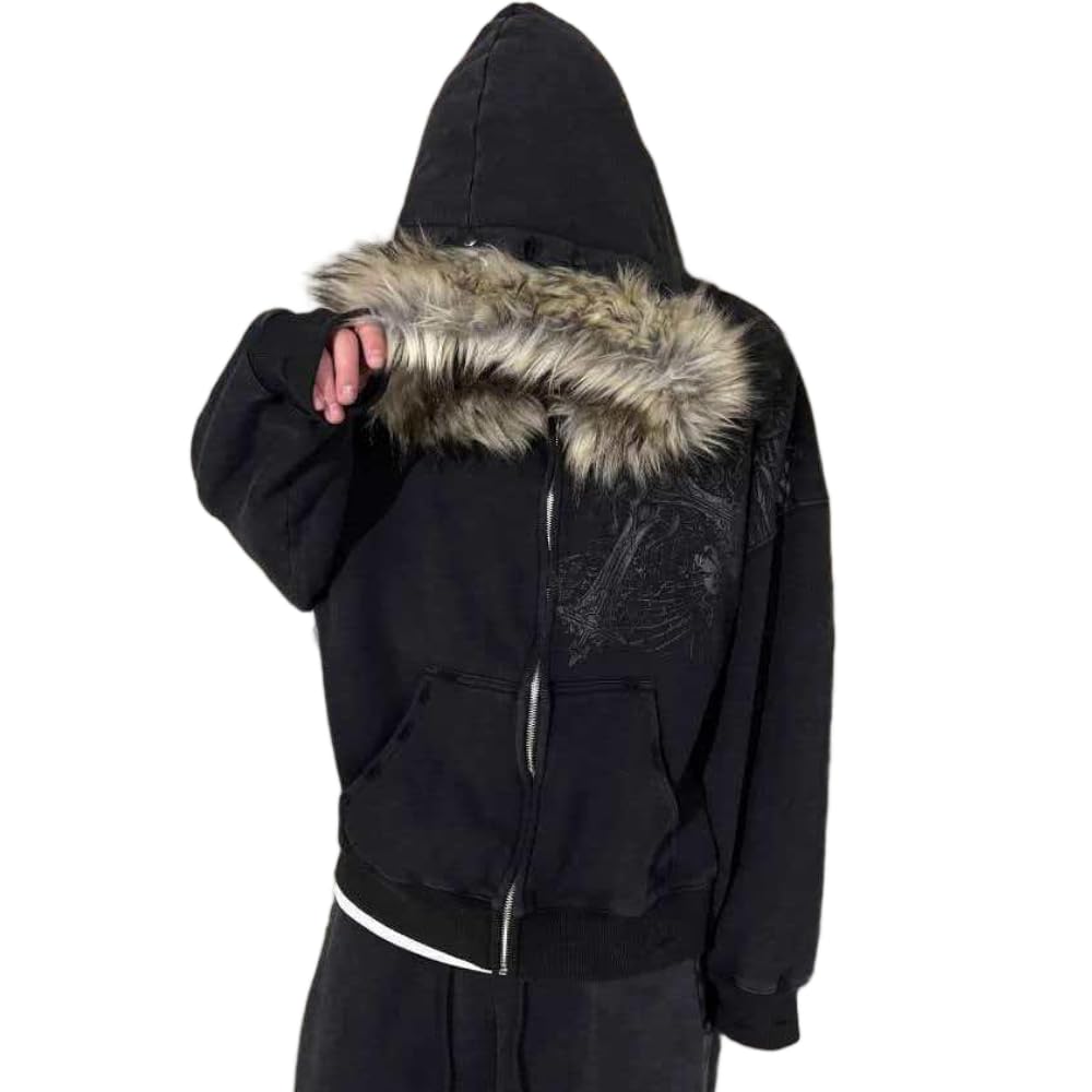 ZBDZSW Street Fashion Inverno personalità Stampa Design Cerniera Felpa con Cappuccio Donna Y2k Harajuku Vintage Collo in Pelliccia Calda Giacca Larga