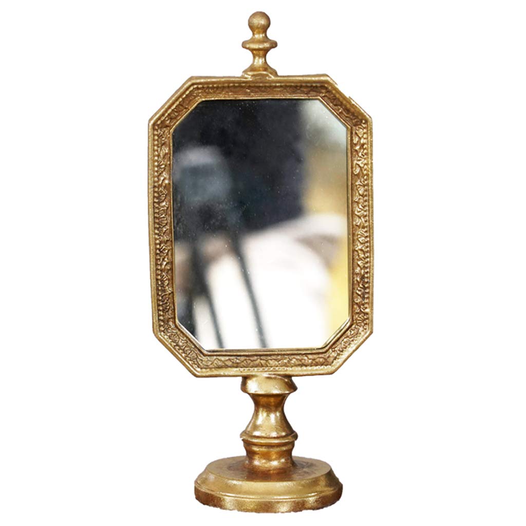 Table-Style Folding Mirror Decoration-Retro Handmade Old Desktop Makeup Mirror-Nostalgic Golden Dressing Table Mirror, Suitable for Home Decoration, Any Desktop,4x9 Inches