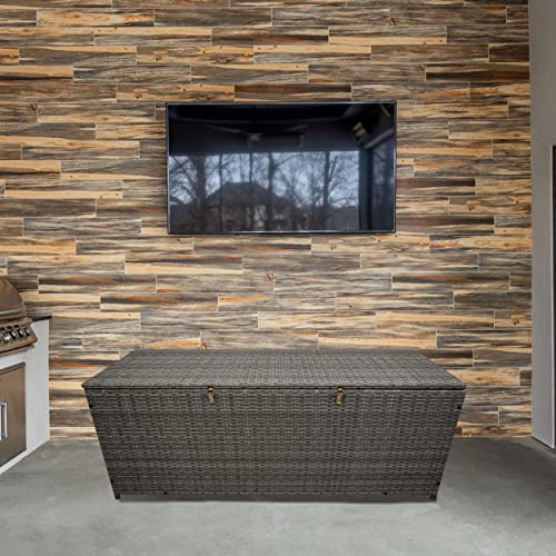 Image of Oakland Living Grey Indoor and Outdoor Balcony Patio Deck Porch Pool 113 Gallon Wicker Storage Box Trunk Bin with Metal Frame