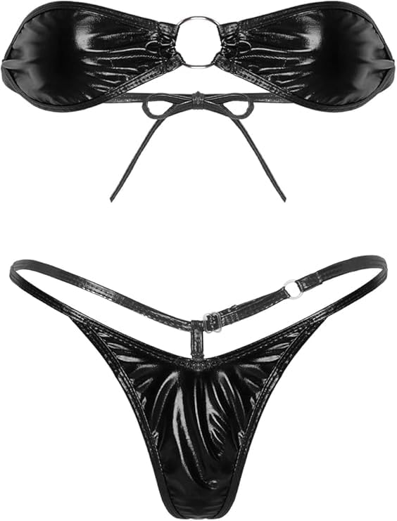 atimuna Women's O-Ring Metallic Faux Leather Bikini Ensemble – Alluring Two-Piece Swim Attire, Gleaming High-Cut Bikini Top and Bottom, Festival Rave Beach Outfit-picture-21