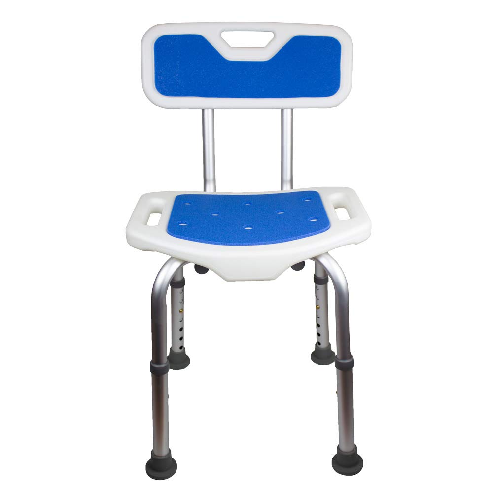 Asiento de ducha ámbar con respaldo azul