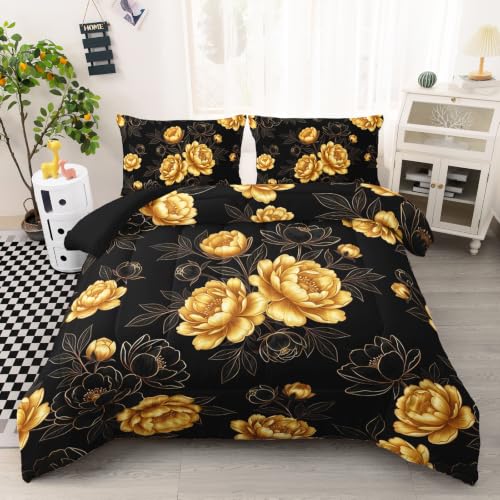 Image of AILONEN Gilded Peony Queen Comforter Set 3 Piece, Dark Garden Bedding Pack, Leaf Outline Artwork, Guest Bedroom, 2 Pillowcases