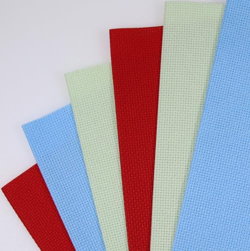 Image of KCS 4 /6 pc of 12 inch x 18 inch 30cmx45cm 16CT Counted Cotton Aida Cloth Cross Stitch Fabric (Light Blue+Light Green+Red, 6 pc)