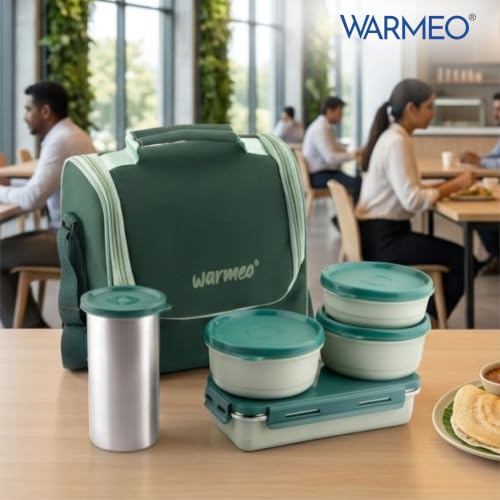 Image of WARMEO Micro Meal Microwave Safe Lunch Box | 1 Rectangular Container 600ml + 2 Round Containers 350ml Each + 1 Round Container 250ml + 1 Steel Tumbler 500ml | Office,School,Picnic,Green