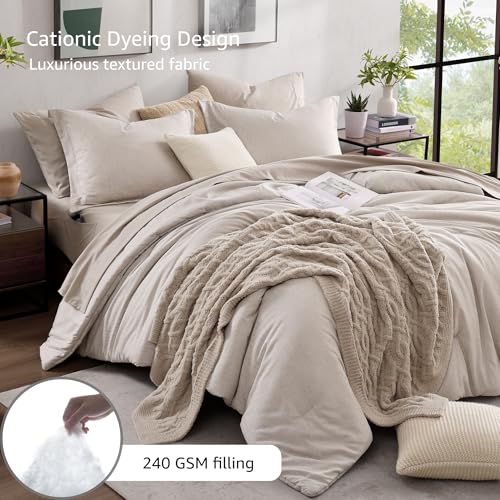 Monbix Queen Comforter Set - 7 Pieces Cationic Dyeing Oatmeal Beige Bed in a Bag Queen Bedding Sets with Comforter, Sheets, Pillowcases & Shams, Reversible Bedding Comforters Sets